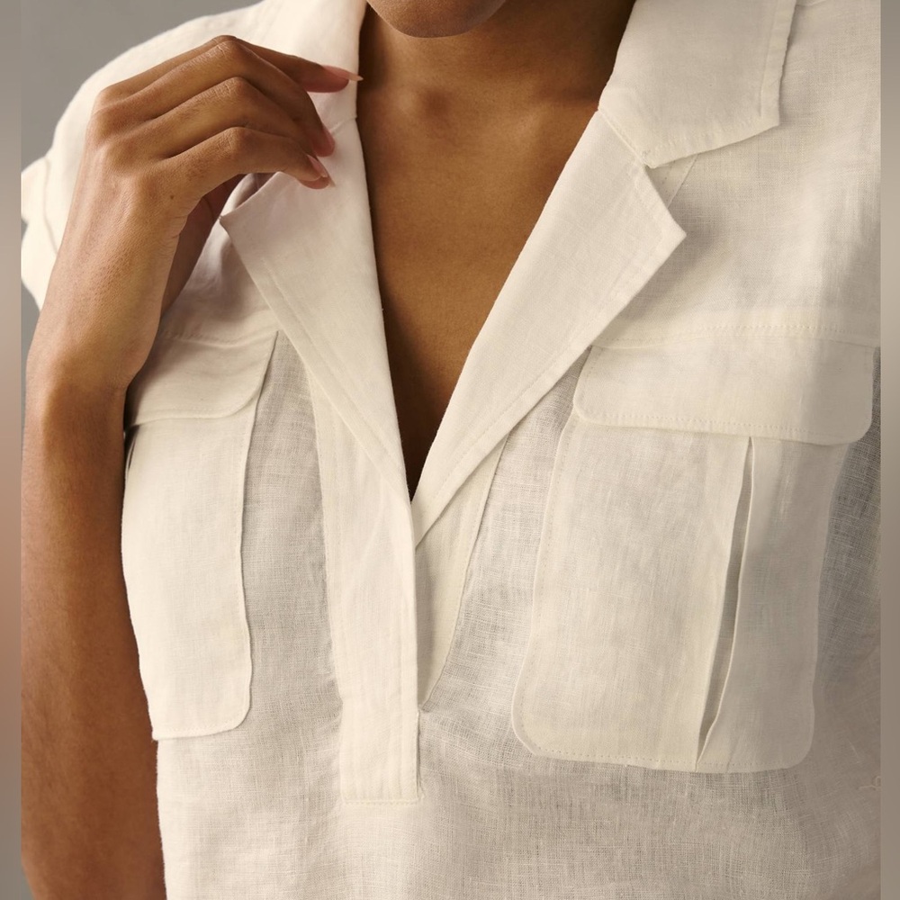 NWT Anthropologie Linen Utility Shirt Womens Size Medium Color Ivory - Picture 3 of 7